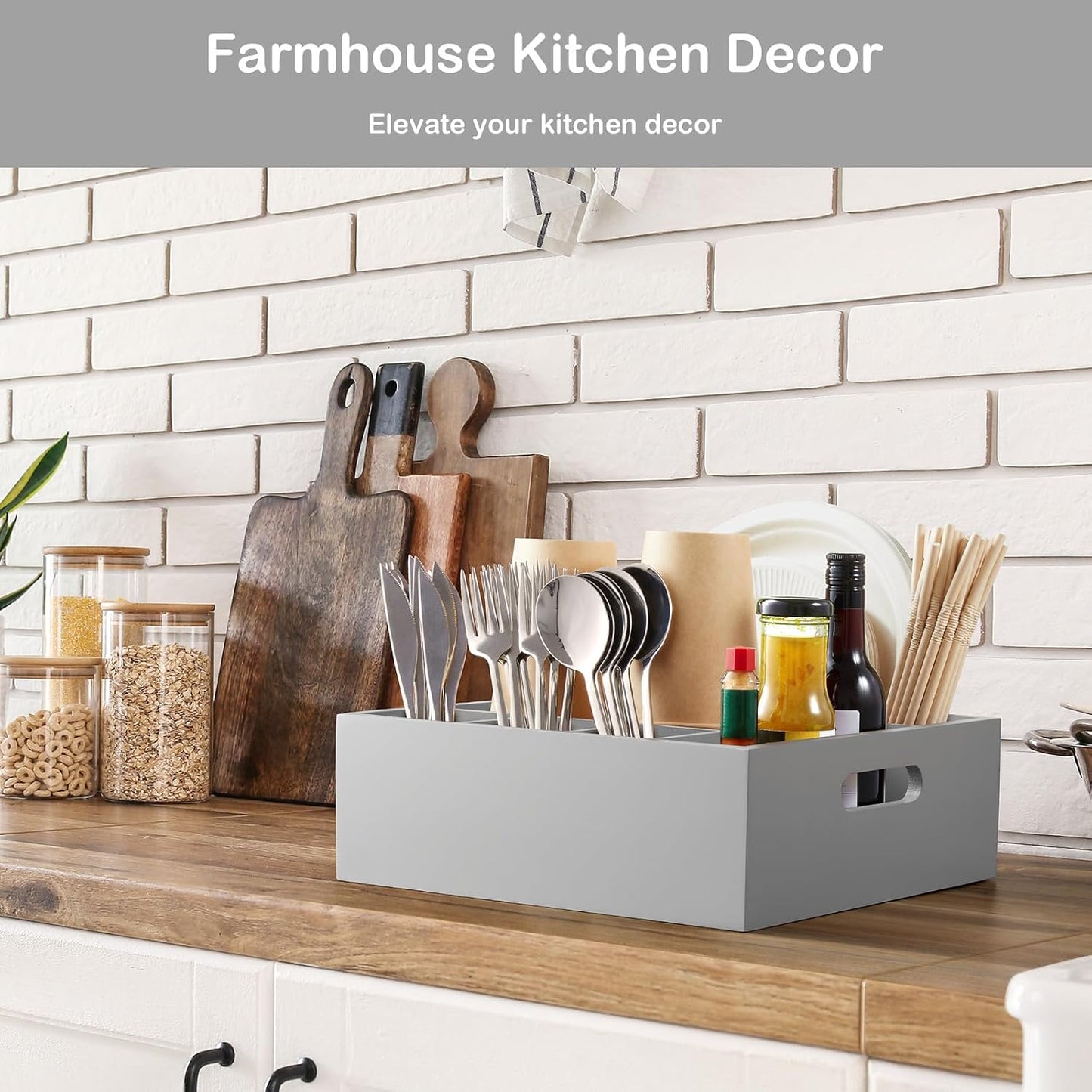 Acacia Wood Utensil Holder for Party, 6-Compartment Paper Plate and Silverware Organizer with Handles, Rustic Utensil Caddy for Parties, Outdoor Gatherings, and Kitchen Countertop Organization