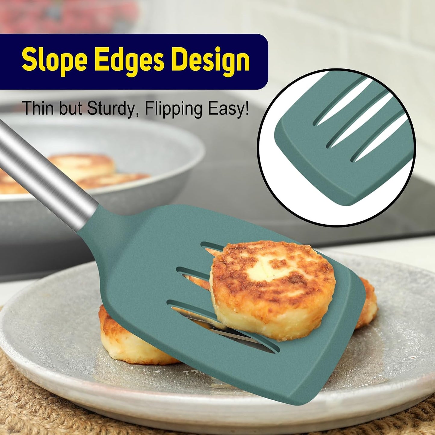 HOTEC Silicone Spatula Set of 2 Heat-Resistant 600°F & BPA-Free Kitchen SaptulaTurner with Stainless Steel Handles, Slotted & Solid Spatulas for Nonstick Cookware, 13.7 Inch, Classic Blue