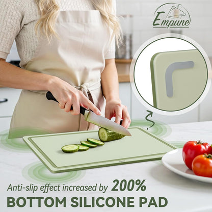 Empune Plastic Cutting Board Set, Recycled Plastic Cutting Boards for Kitchen (Set of 3), Dishwasher Safe Large Chopping Board with Holder, Non-slip Feet and Juice Grooves, Nonporous, Grey