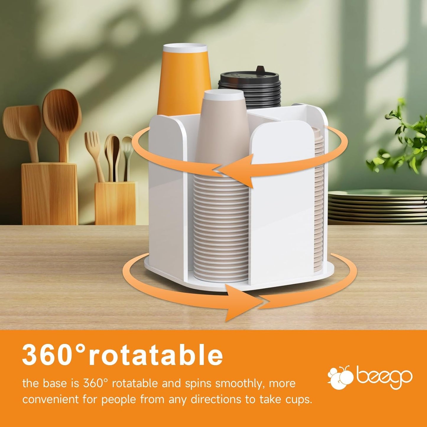 Beego Rotatable 4-Compartment Acrylic Cup Dispenser - Coffee Station Cup and Lid Carousel Countertop Plastic Cup Holder for Restaurant Breakroom Coffee Bar