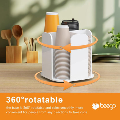 Beego Rotatable 4-Compartment Acrylic Cup Dispenser - Coffee Station Cup and Lid Carousel Countertop Plastic Cup Holder for Restaurant Breakroom Coffee Bar
