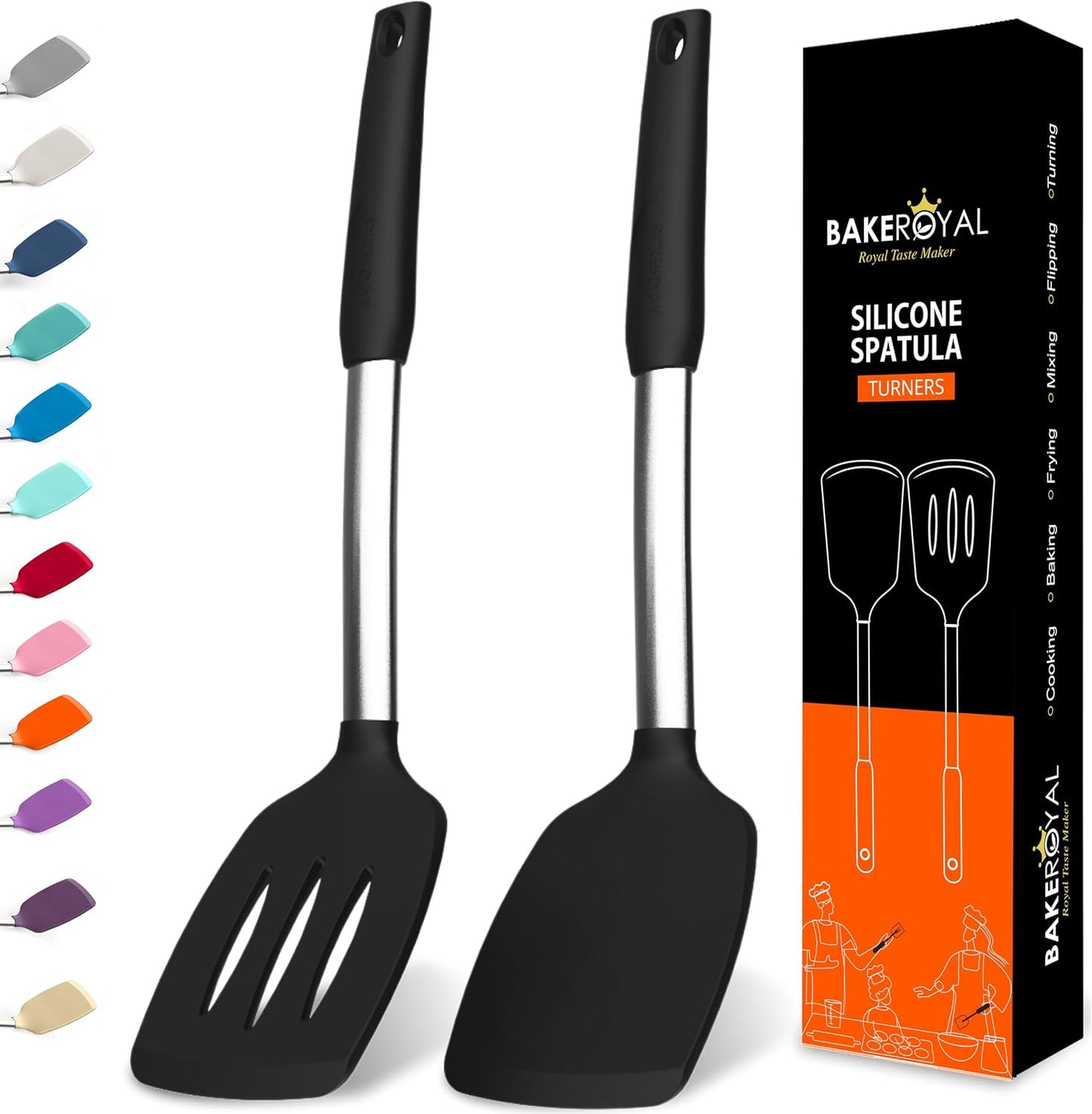 BakeRoyal Silicone Spatula Set - Turner Spatulas Silicone Heat Resistant 600°F - Slotted & Solid Spatula for Cooking Fish, Eggs, Pancakes Flipper – Spatulas for kitchen use – Black