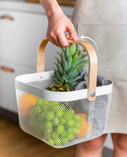 Mesh Steel Storage Organizer Basket Fruit Basket Bin with Wood Handle Ideal for Kitchen Bathroom Picnic Baskets Pantry Cabinets Storage Home Decor (White)