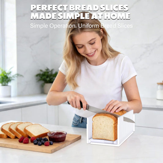 New Upgrade Bread Slicer for Homemade Breads,Bread Slicing Guide Adjustable Width, Foldable Portable Bread Cutter,Perfect Loaf Slices Every Time! Suitability for Homemade Bread, Bagel, Cakes(White)