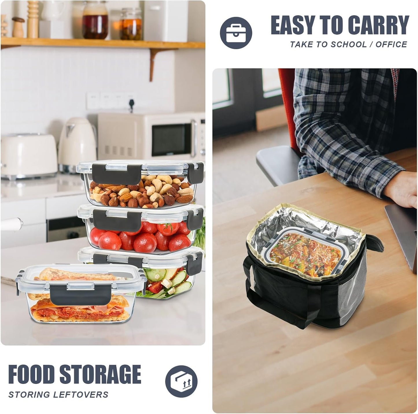 6Pack 22oz Glass Meal Prep Containers, Glass Food Storage Containers Sets with Snap Leak Proof Lids for Microwave, Oven, Freezer and Dishwasher Safe (Grey, 22oz)