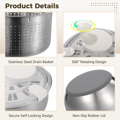 Large Stainless Steel Salad Spinner, Lettuce Spinner Vegetable Strainer Set, Fruit Straining Spinner with Self-Locking Lid