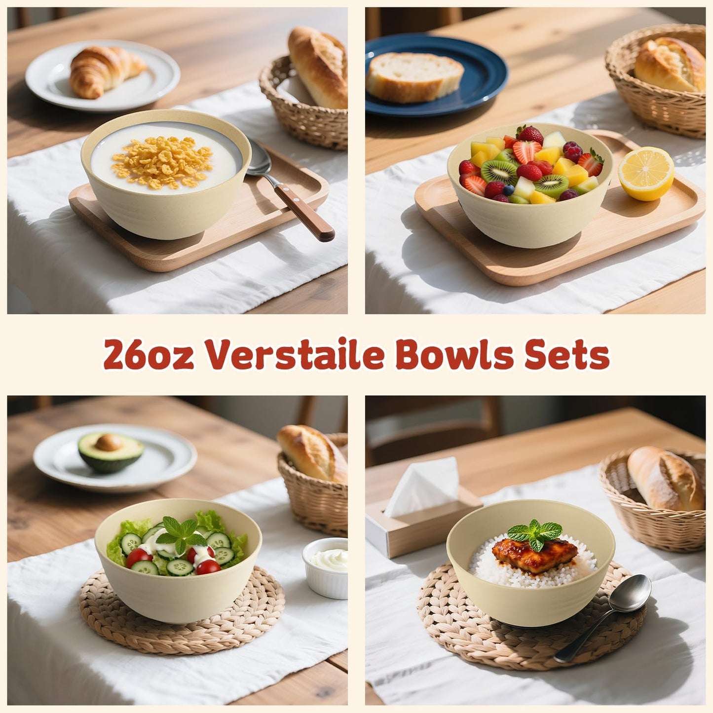 Wrova Wheat Straw Bowls for Kitchen set of 6,Anti-Scald Thick Soup Bowls 40oz,Microwave and Dishwasher Safe Bowl Sets, Unbreakable Cereal Bowl Sets. Vibrant Series