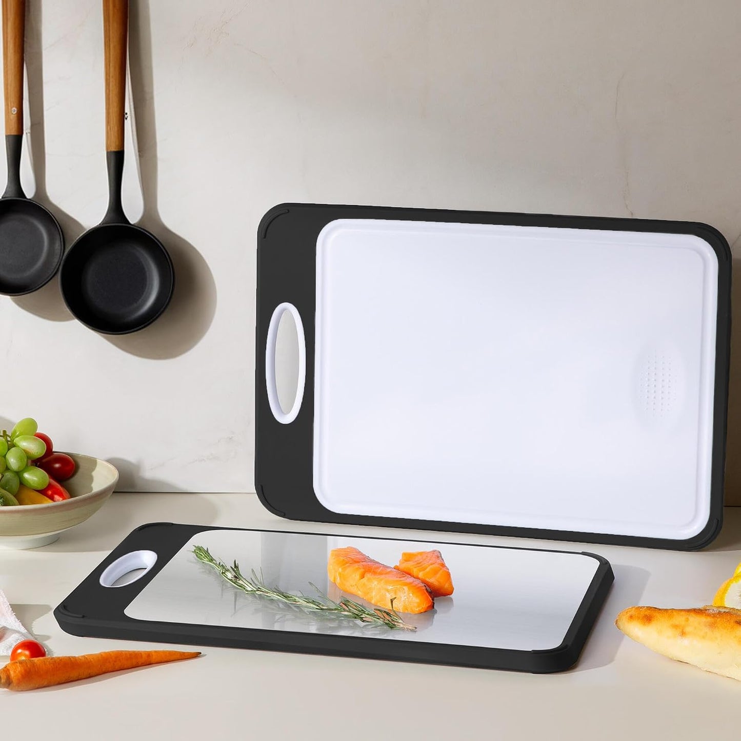 2 Packs Stainless Steel Cutting Board Set, Best Non Toxic Cutting Boards for Kitchen, Double Sided Metal Chopping Board for Meat/Fruit/Vegetables, Food Grade Kitchen Set Gift, [16”×11”+18”×12” Inch]