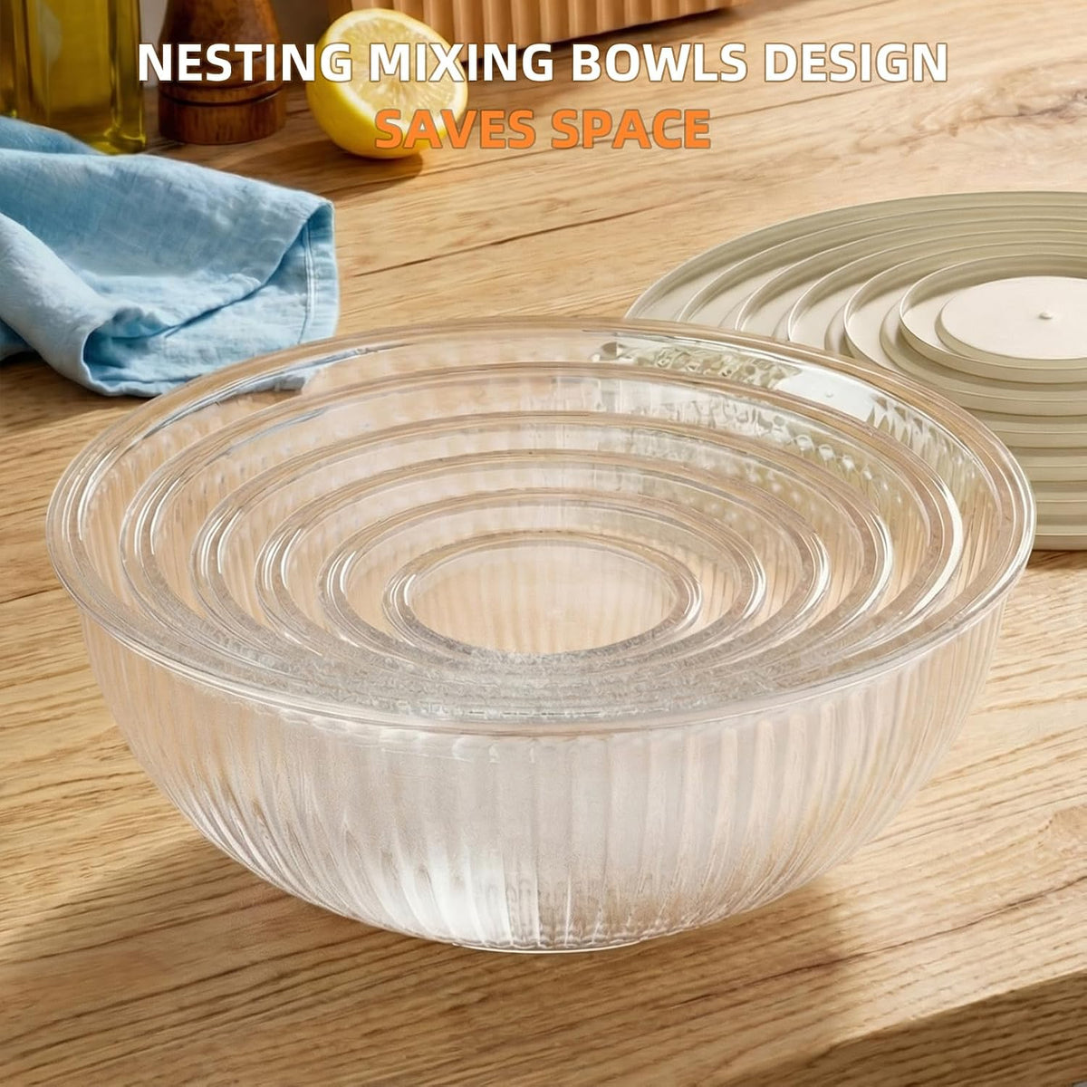 Jelife Glass Mixing Bowls with Lids Set - 5 Packs, Borosilicate Nesting Glass Bowls (3.7-2.1-1-0.5-0.2QT) for Baking, Salad, Meal Prep, Serving, Food Storage, BPA Free & Dishwasher Safe