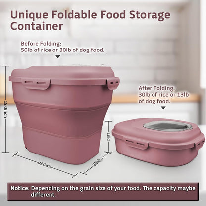Komzon Rice Storage Bin Cereal Containers, 13-50lb Collapsible Rice Container Dispenser with Transparent Lid, Rolling Wheels, Measuring Cup and Scoop, Airtight Dog Cat Pet Food Storage Container White