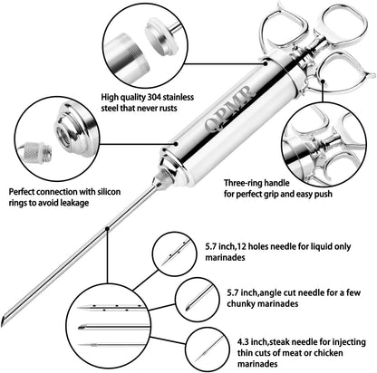 QPMR Meat Injector Syringe Kit, 2-oz Large Capacity Marinade Turkey Injector with 3pcs Stainless Steel Marinade Injector Needles for BBQ Grill Smoker & Turkey & Brisket