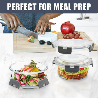 6Pack 22oz Glass Meal Prep Containers, Glass Food Storage Containers Sets with Snap Leak Proof Lids for Microwave, Oven, Freezer and Dishwasher Safe (Grey, 22oz)