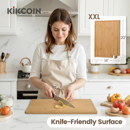 Kikcoin Bamboo Cutting Boards for Kitchen Set of 3, Extra Large Wood Cutting Board with Rotating Kickstand & Juice Groove, Wooden Chopping Board for Meats Veges Fruits, Heavy Duty Serving Tray
