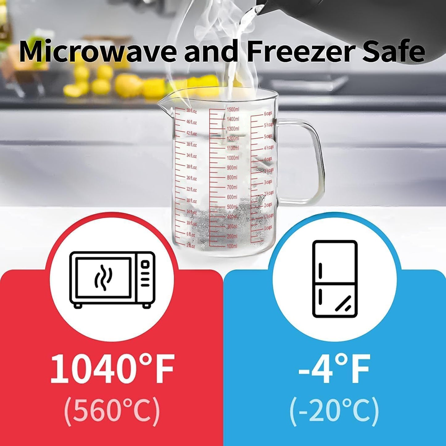 Luvan 34OZ/1000ML Glass Measuring Cup, 4 Cup Glass Measuring Cups With 3 Scales (Ml/Oz/Cup), High Borosilicate Measuring Cup With Handle and V-Shaped Spout, Dishwasher/Freezer/Microwave Safe