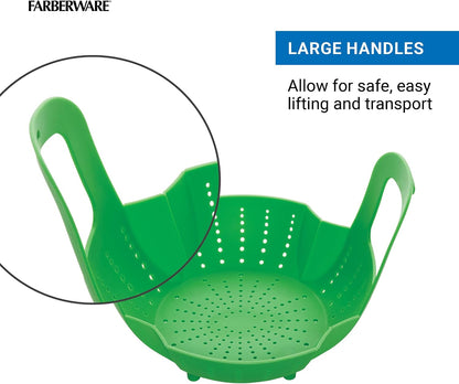 Farberware Silicone Steamer Basket with Interlocking Handles – Heat-Resistant 450F Food Safe Silicone Steamer Insert – High Walls Keep Food Above Water – Rolls Up for Compact Storage – Dishwasher Safe