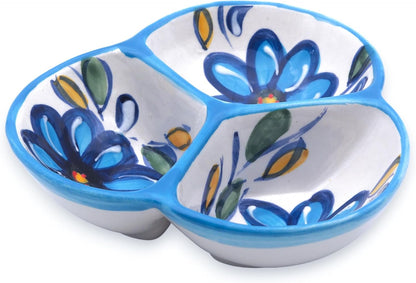 Ceramic Chip & Dip Bowl 7.5”, 3-Compartment Divided Serving Dish & Condiment Tray for Appetizers – Handmade in Spain, Lead-Free Glaze, Microwave, Oven & Dishwasher Safe