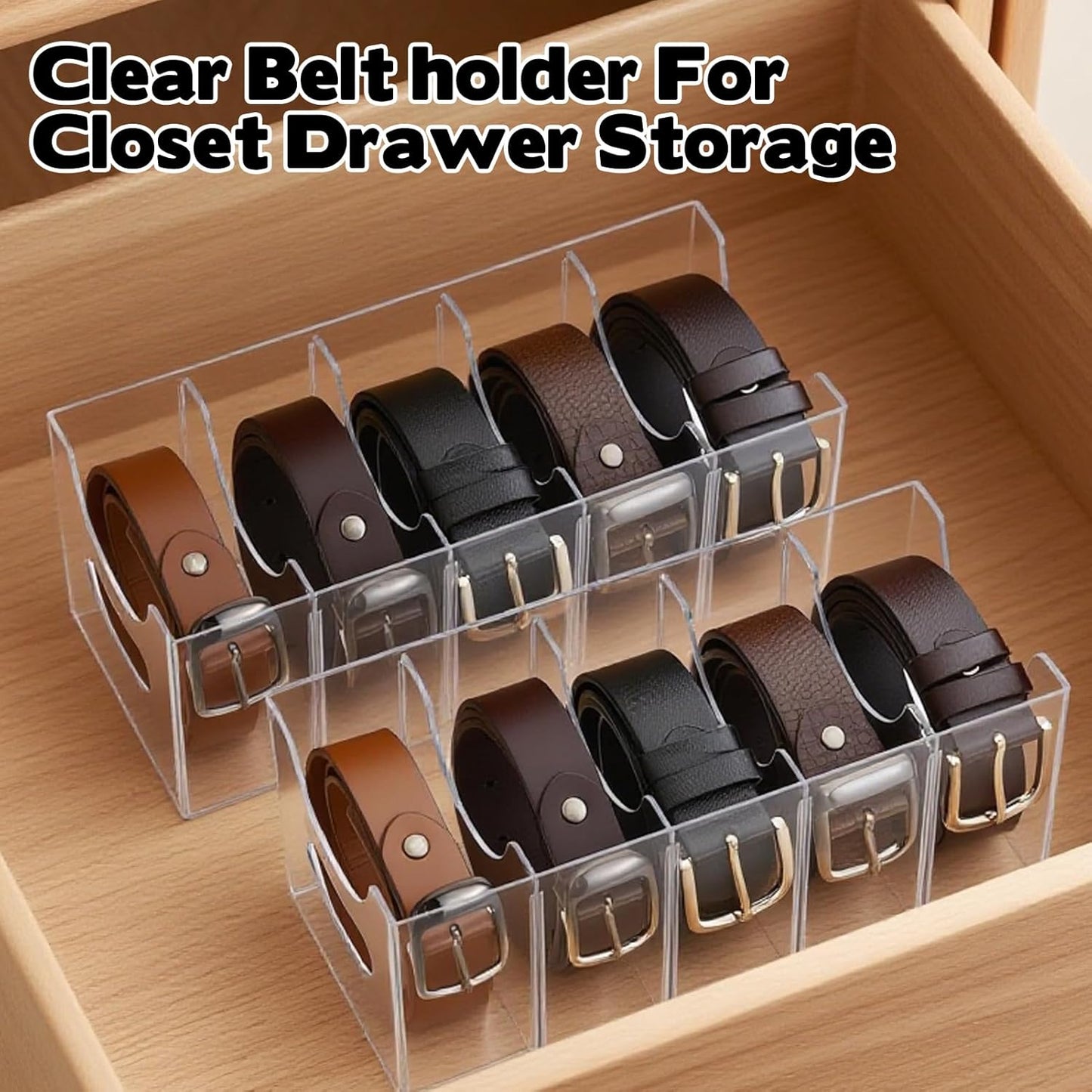 2 Pack Acrylic Belt Organizer Clear Stackable Belt Storage Holder Purse Organizer for Closet - 5 Compartments with Removable Dividers,Display Case Pantry Cabinet Organizers for Ties,Socks,Underwear