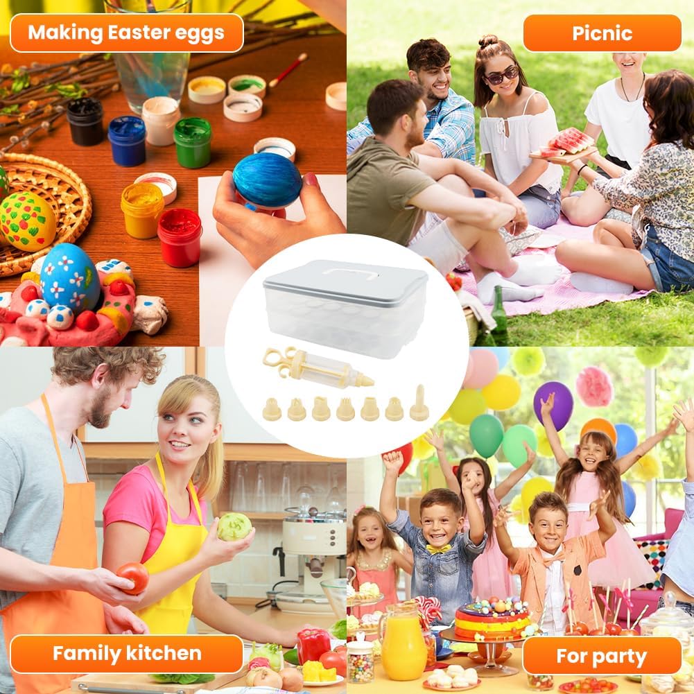 2-Layer Easter Deviled Egg Containers With Lid,48PCS Deviled Eggs Tray Carrier with Hand Injector Piping Tool, Platter Holder Organizer for Refrigerator Party Picnic Travel