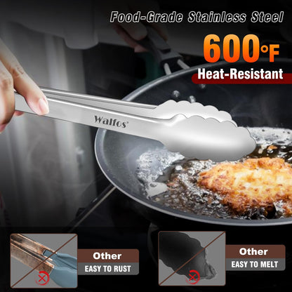 Walfos Kitchen Tongs for Cooking, 600℉ Heat Resistant Stainless Steel Tongs, All Metal Heavy Duty Tongs For Food ,BBQ Grilling - 7 ，9 and 12 Inch ,Set of 3