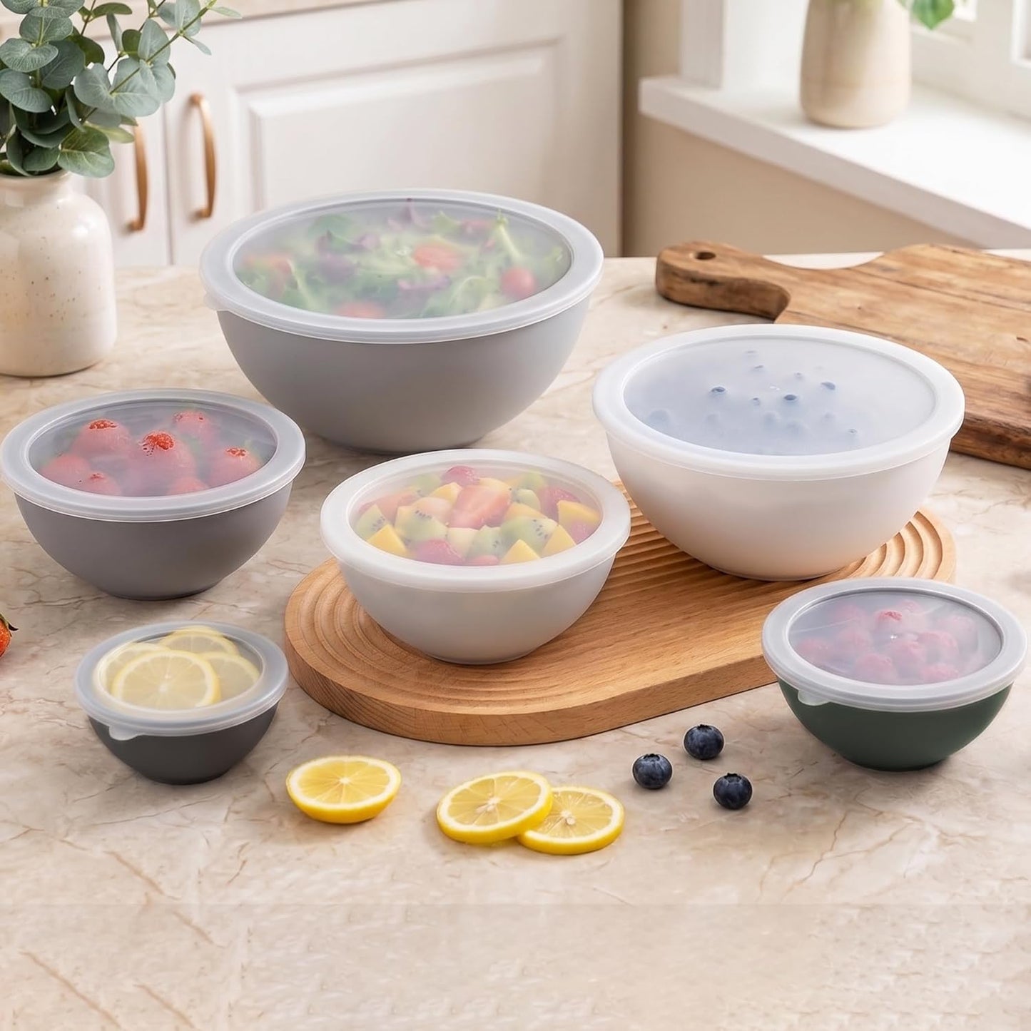 BoxedHome BPA Free Plastic Round Mixing Bowl with Lids, 12 Pack Nesting Bowls with Lids Set, Microwave and Dishwasher Safe Prep & Serving Bowls Great for Mixing, Baking, Serving (pinkish green, 12pcs)