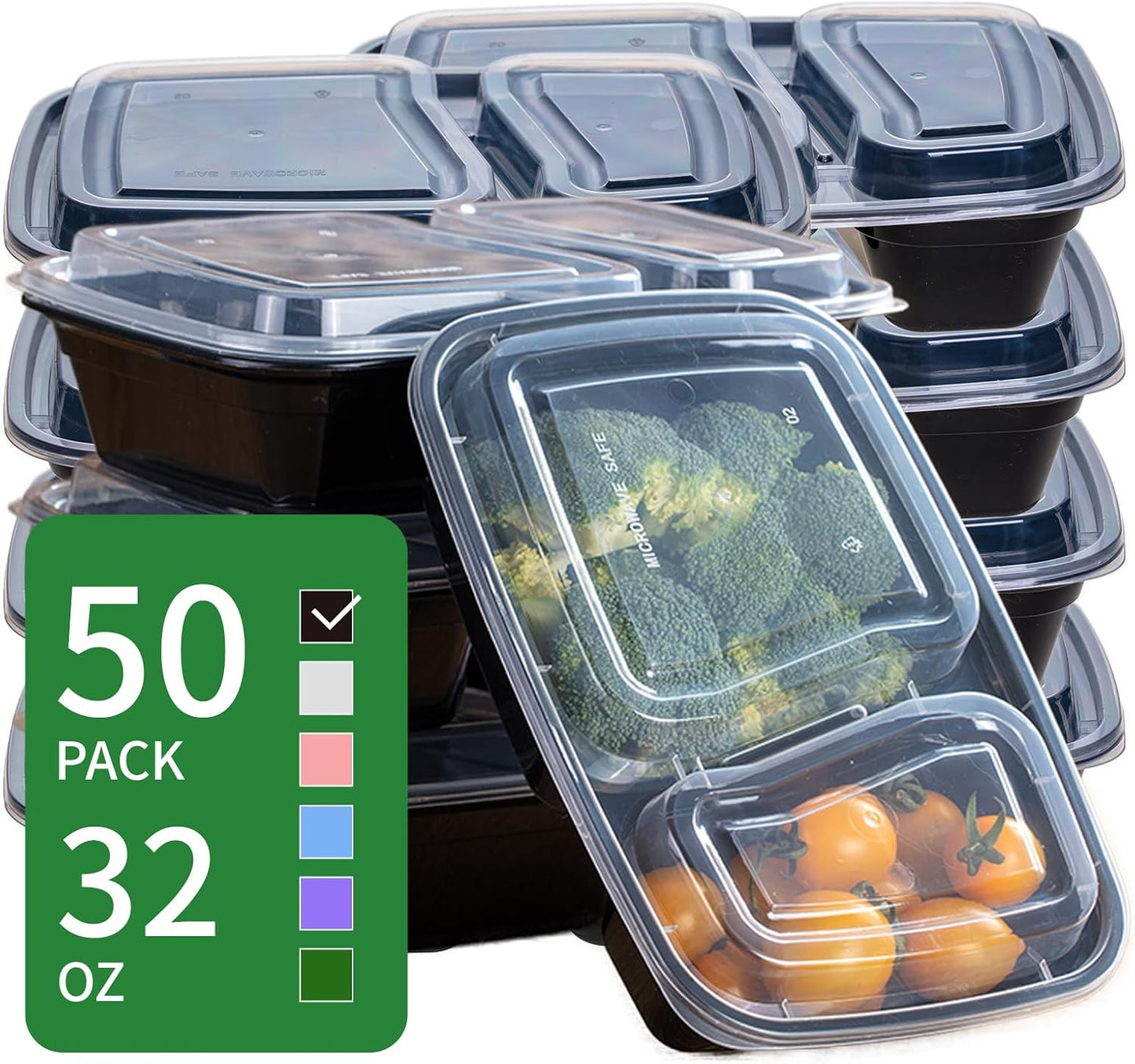 30oz Meal Prep Containers Bulk 50-Pack - 2-Compartment with Lids, Leakproof, Microwave/Freezer/Dishwasher Safe - Commercial Food Storage, Black