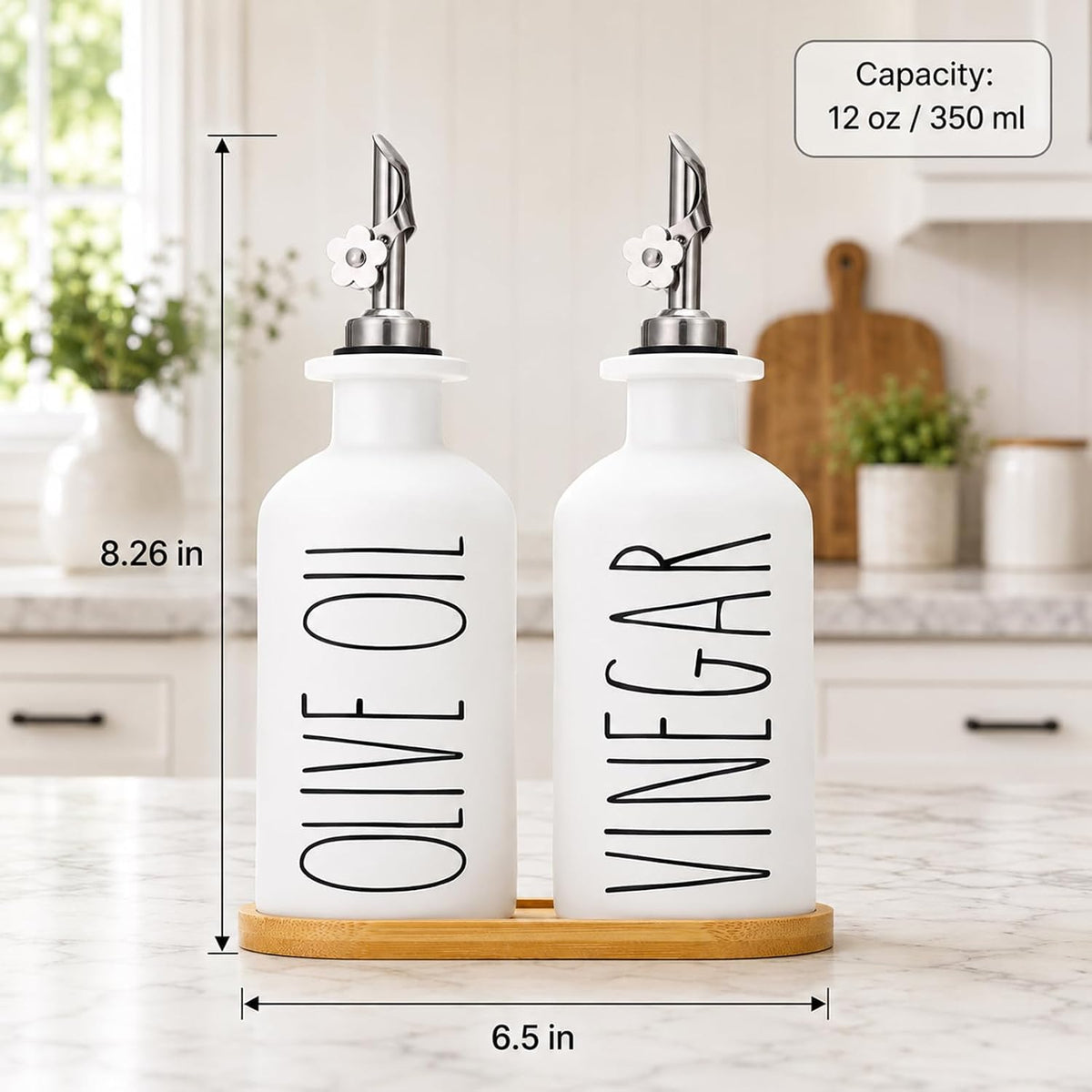 HOMCDALY Premium Olive Oil Dispenser for Kitchen, 11.8oz Glass Oil Bottles with Bamboo Tray, White Oil&Vinegar Cruet Set, Kitchen Dispenser Bottles with Pourer| Set of 2 (11.8oz –P–White)