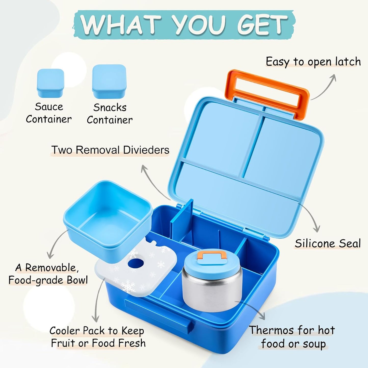 Bento Lunch Box for Kids with 8oz Soup Thermo Leak-Proof Lunch Food Containers with Snack Sauce Container for Kid Girls Boys to School (Pink Mermaid)