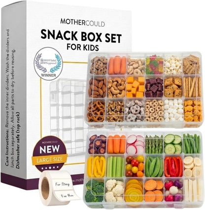 Large Kids Snack Box Containers Set of 2 -100 Labels, BPA-Free, Adjustable Compartments, Dishwasher Safe, Reusable Tray, Food Grade, Meal Prep Container, PARENT TESTED PARENT APPROVED AWARD (Clear)