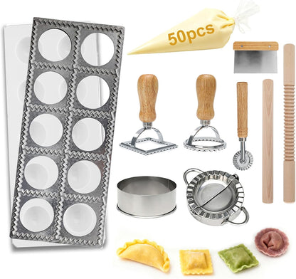 10 Piece Ravioli Cutter Set with Press Molds, Pasta Tools & Rolling Pin
