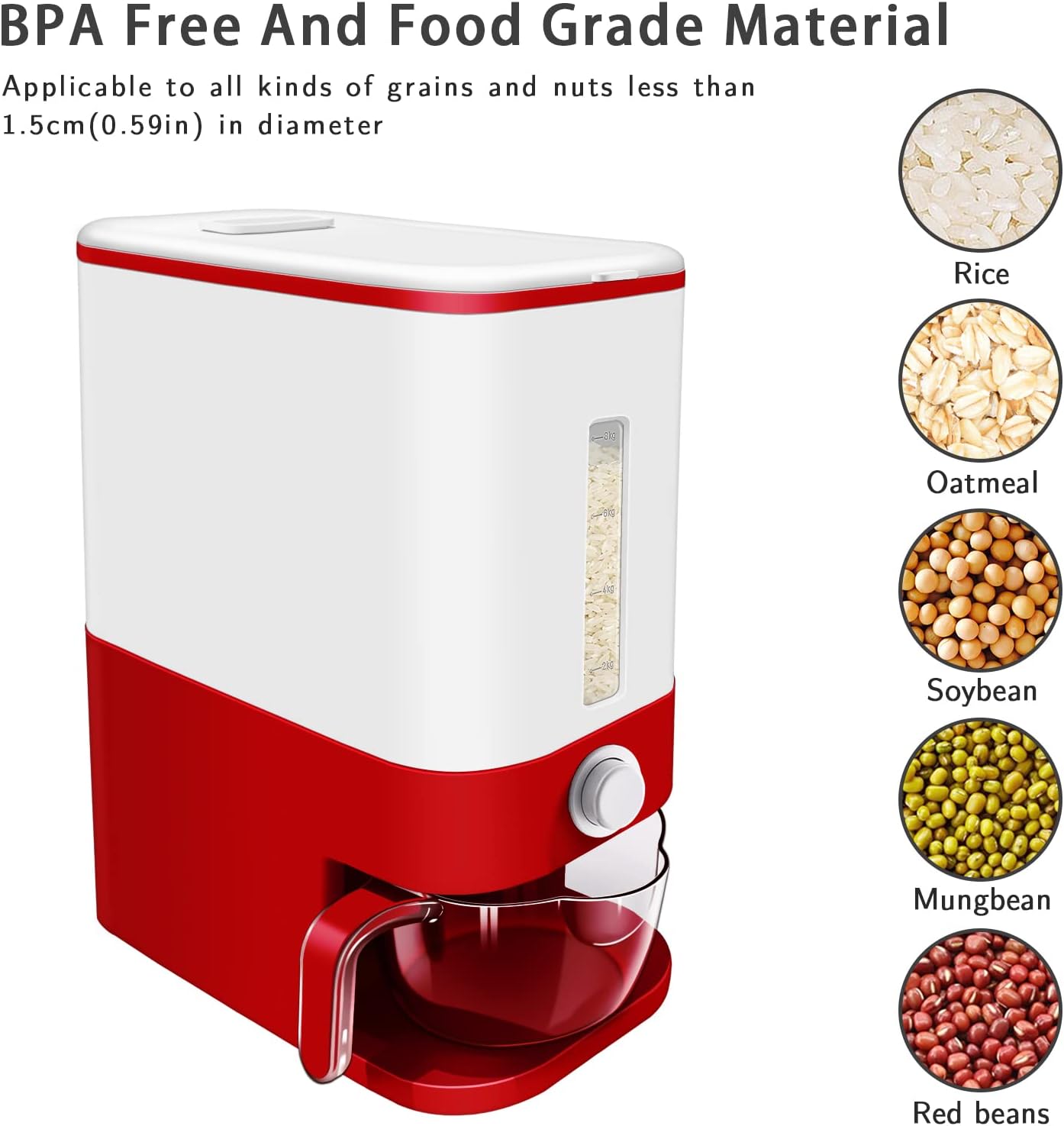 Lenwi 22-25 Lbs Rice Dispenser, Large Cereal Dry Food Storage Containers with Measuring Cup,BPA-Free Household for Kitchen Pantry Organization-Grey