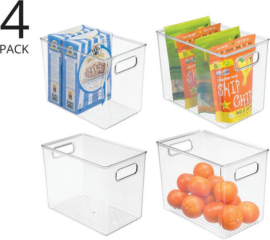 mDesign Plastic Storage Organizer Container Bin for Kitchen Organization in Pantry, Cabinet, Countertop Fridge, Refrigerator, and Freezer - Hold Food, Drink, or Snacks, Ligne Collection, 4 Pack, Clear