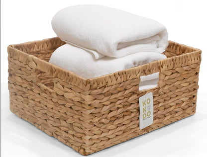 KOKODO Wicker Storage Basket Set of 2, Rectangular Baskets for Shelves with Handles & Chalkboard Labels, Handwoven Water Hyacinth Baskets for Organizing Pantry, Closet & Home.