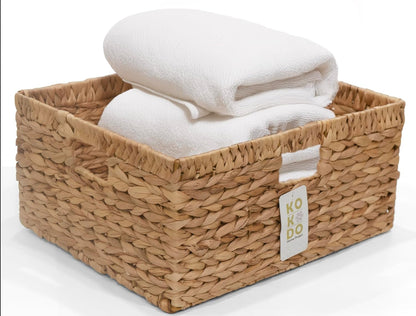 KOKODO Wicker Storage Basket Set of 2, Rectangular Baskets for Shelves with Handles & Chalkboard Labels, Handwoven Water Hyacinth Baskets for Organizing Pantry, Closet & Home.