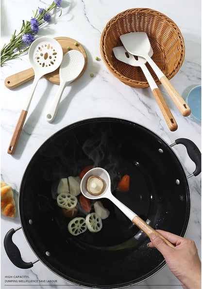 12-Piece Silicone Kitchen Utensil Set with Wooden Handles & Storage Holder, BPA-Free Heat Resistant Non-Stick Cooking Tools for Frying, Baking & Serving (Ivory White)