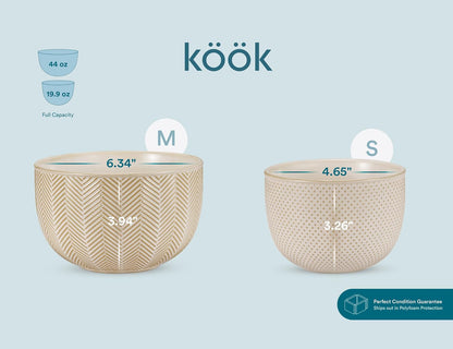 KooK Ceramic Nesting Bowls, Embossed, Oven Safe, Set of 4, Ivory