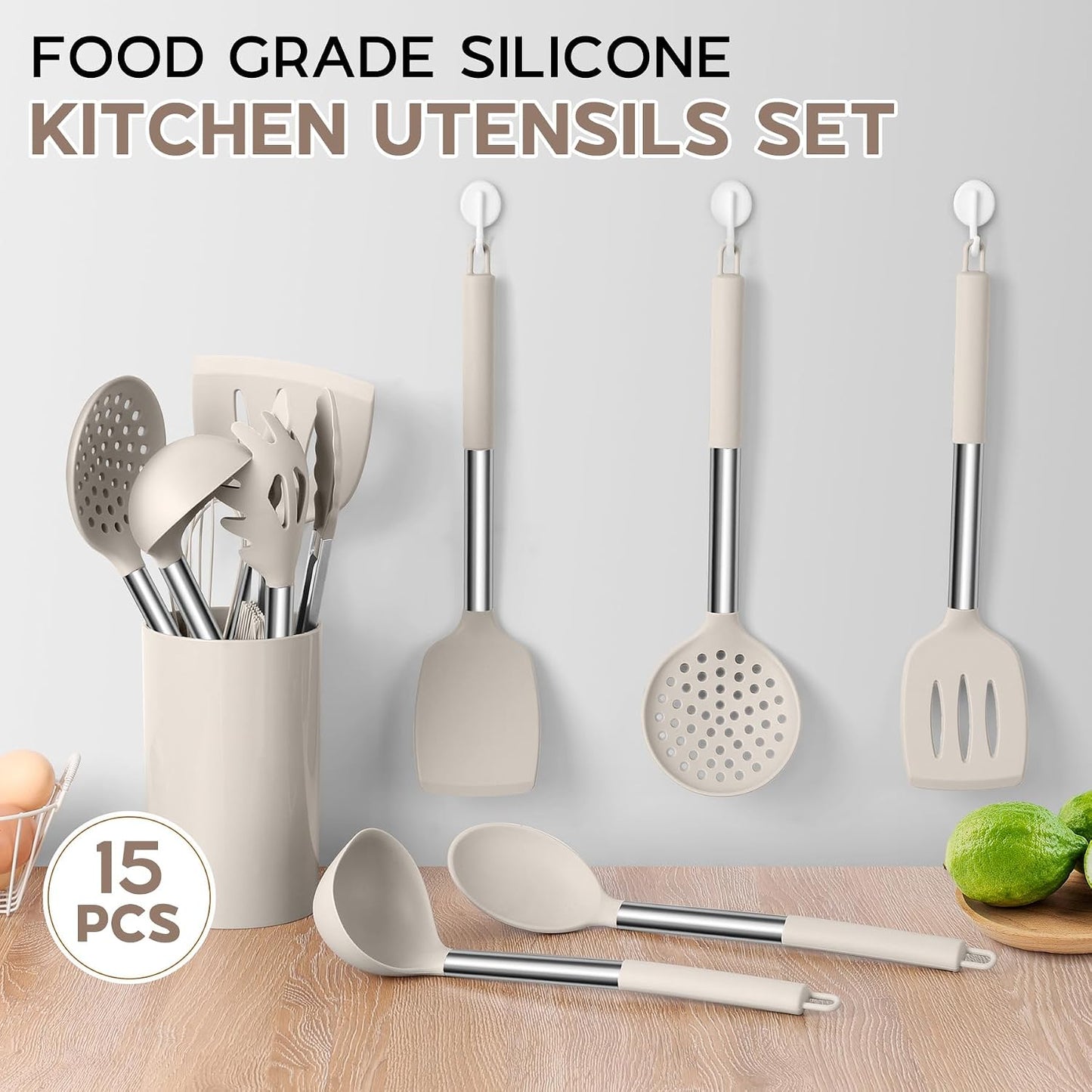 Onader Kitchen Utensils Set, 15 Pcs Silicone Cooking Utensils Set with Holder and Heat Resistant Stainless Steel Handle for Nonstick Cookware - Black
