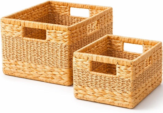 Water Hyacinth Baskets, Wicker Storage Baskets with Built-In Handles, Handwoven Natural Fiber Storage Basket Set of 2 for Shelves, Pantry, Bathroom & Closet Organization