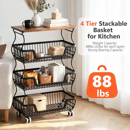 2 Pack 3-Tier Rolling Kitchen Storage Cart Fruit Basket Stand for Vegetables & Snacks Stackable Wire Pantry Floor Organizer with Wheels for Kitchen, Living Room, Bedroom, Office (Black)