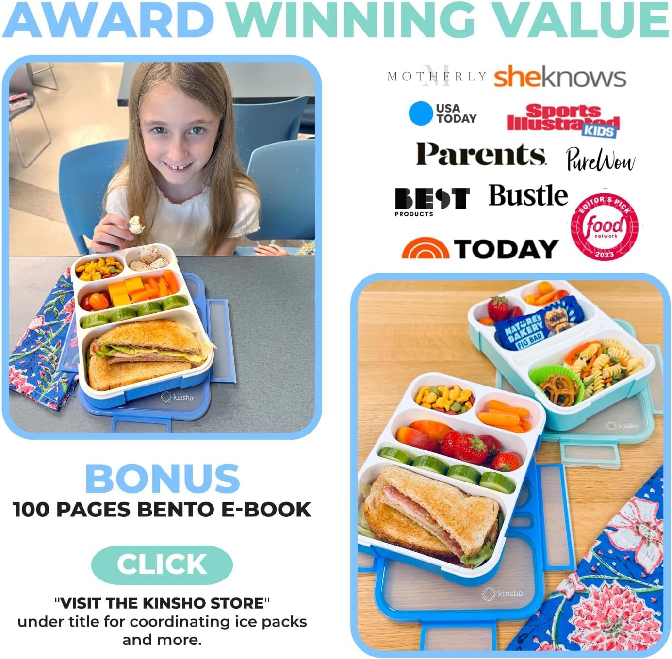 kinsho Bento Lunch-Box for Adults Kids Lunches, Portion Control Container Boxes for Women Girls Boys | Leak-Proof Snack Containers, BPA-Free Utensils 5 Compartments | Blue & Green 2 Pack Set