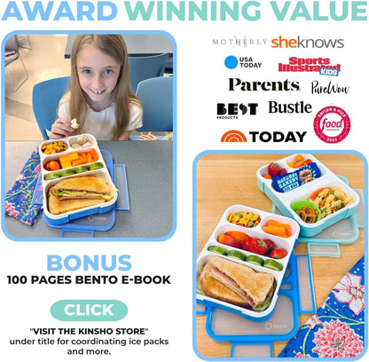 kinsho Bento Lunch-Box for Adults Kids Lunches, Portion Control Container Boxes for Women Girls Boys | Leak-Proof Snack Containers, BPA-Free Utensils 5 Compartments | Blue & Green 2 Pack Set