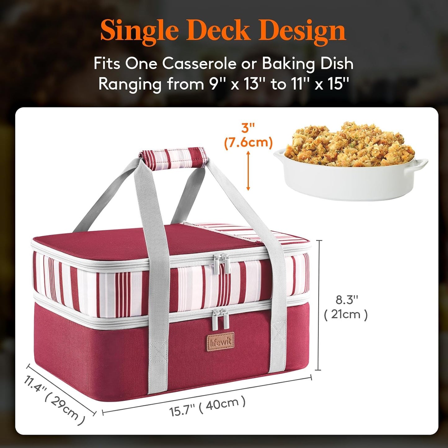 Lifewit Insulated Double Decker Casserole Carrier for Hot or Cold Food, Casserole Dish Carrying Case, Lasagna Holder for Potluck Parties, Picnic and Cookouts, Fits 9"x13" Baking Dish, Grey