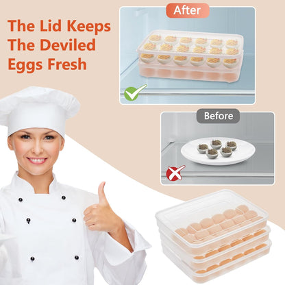 3 Pack Deviled Egg Containers with Lid and 8 Pcs Deviled Egg Injector Piping Tool, Egg Organizer for Refrigerator, Fridge Stackable Countertop Portable Egg Platter (pink,blue,green)