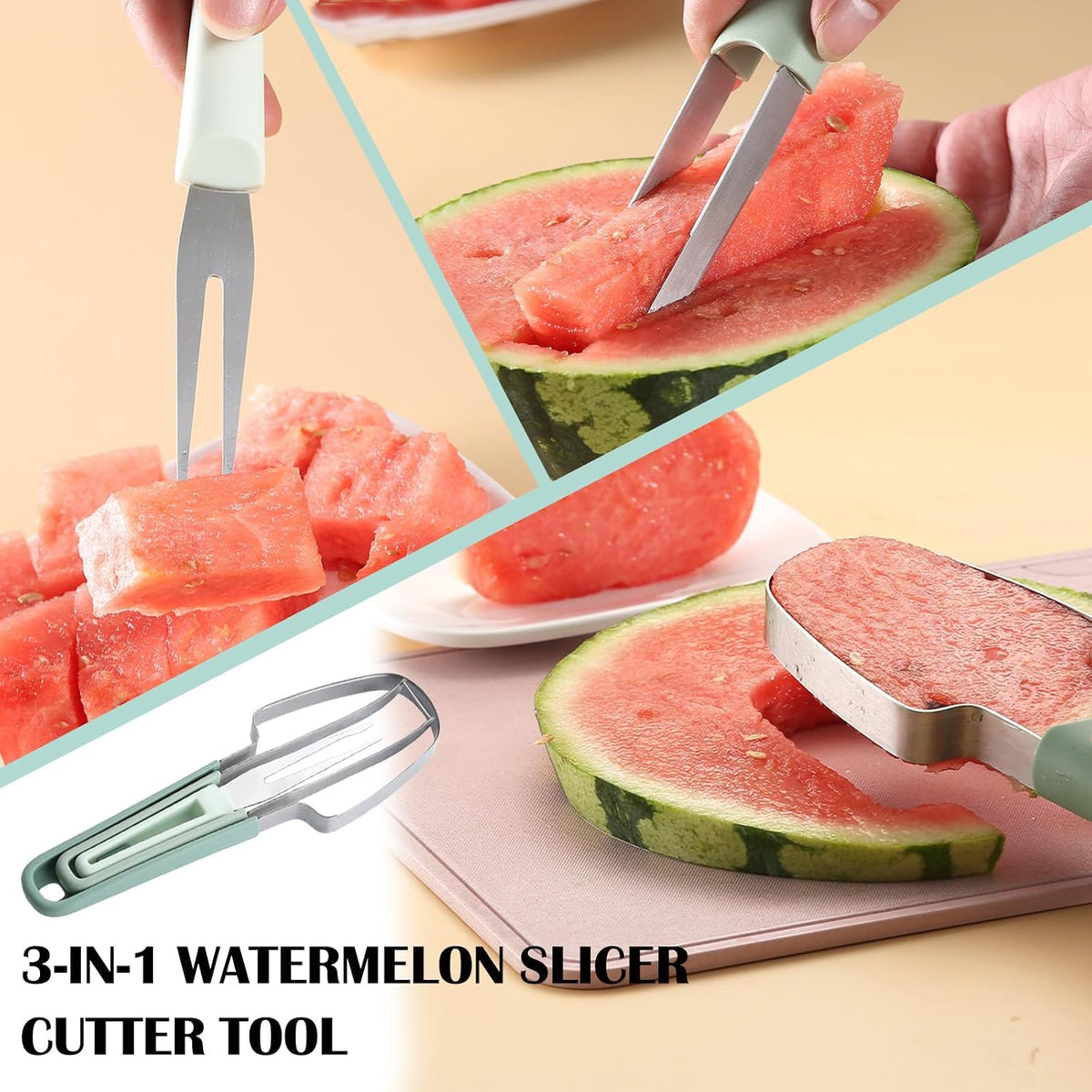 3-in-1 Watermelon Cutter Slicer Tool,Stainless Steel Watermelon Cutter Watermelon Popsicle Cutter Mold Watermelon Fork Fruit Cutter Tool for Kitchen Utility Gadgets