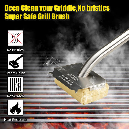 Grill Brush Bristle Free-Steam Grill Brush for Outdoor Grill for Barbecue,for Cast Iron Grates,Grill Cleaning Brush with Replacement Pads,Grill Cleaner (Handle+Pads)