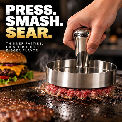 Stainless Steel Burger Press with Patty Ring – Multi-Purpose Meat & Veggie Patty Maker, Smash Burger Press, Food-Grade Stainless Steel, Dishwasher Safe, Gift Box Packaging