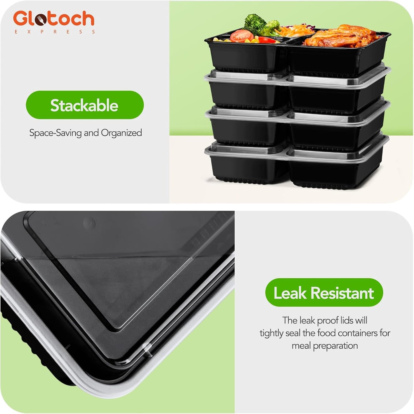 Glotoch 10-Pack Meal Prep Containers with Lids (20-Piece Set), 24 oz Reusable Food Storage Containers, Heavy-Duty Leakproof Bento Boxes, BPA-Free, Microwave/Freezer/Dishwasher Safe, Black