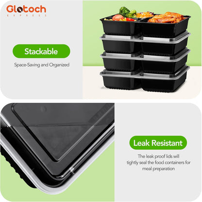 Glotoch 10-Pack Meal Prep Containers with Lids (20-Piece Set), 24 oz Reusable Food Storage Containers, Heavy-Duty Leakproof Bento Boxes, BPA-Free, Microwave/Freezer/Dishwasher Safe, Black