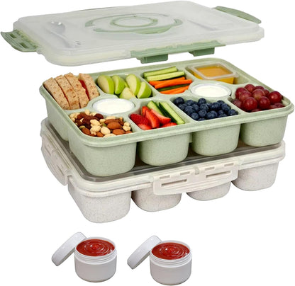 Snackle Box Container/Snack Box with Lid & Handle - Divided Serving Tray for Charcuterie Board, Fruit, Candy & Veggies - Snack Containers for Travel, Picnic & Road Trip, Wheat Straw, 2pcs