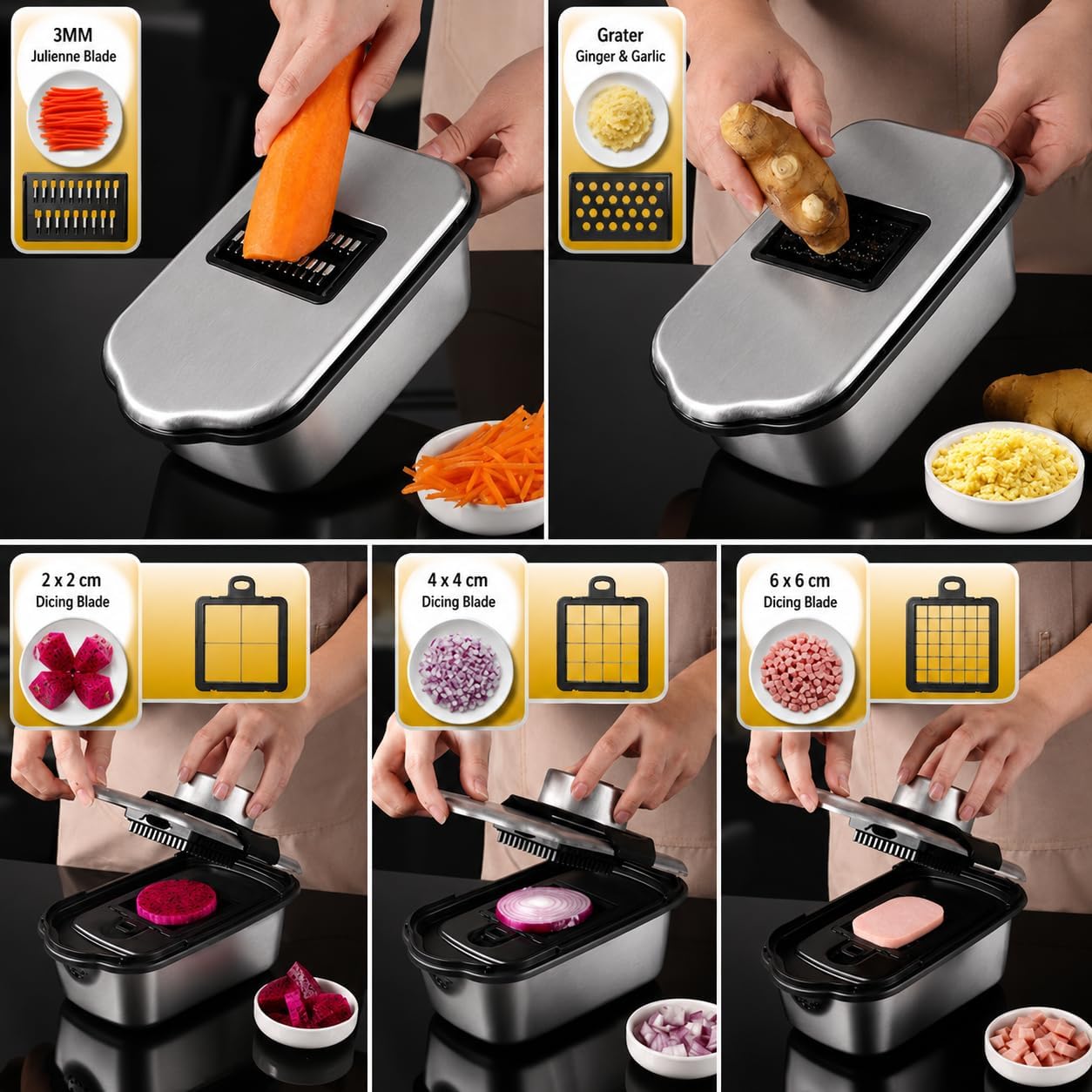Vegetable Chopper, Stainless Steel Food Dicer and Mandoline Slicer with Drain Holes and Storage Container, Dishwasher Safe Food Chopper for Onion, Potato, Cucumber, Carrot and More