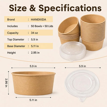 34 oz Paper Bowls with Lids, 50 Count Disposable Meal Prep Containers